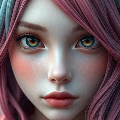 The primary subject of the image is a woman with pink hair, who is looking directly at the camera. She has a pink lipstick on her lips, and her eyes are painted with blue and yellow colors. The setting is a close-up of her face, and the visual style appears to be a digital art or illustration. The colors and mood of the image are vibrant and lively, with the pink hair and blue and yellow eyes creating a unique and eye-catching appearance.